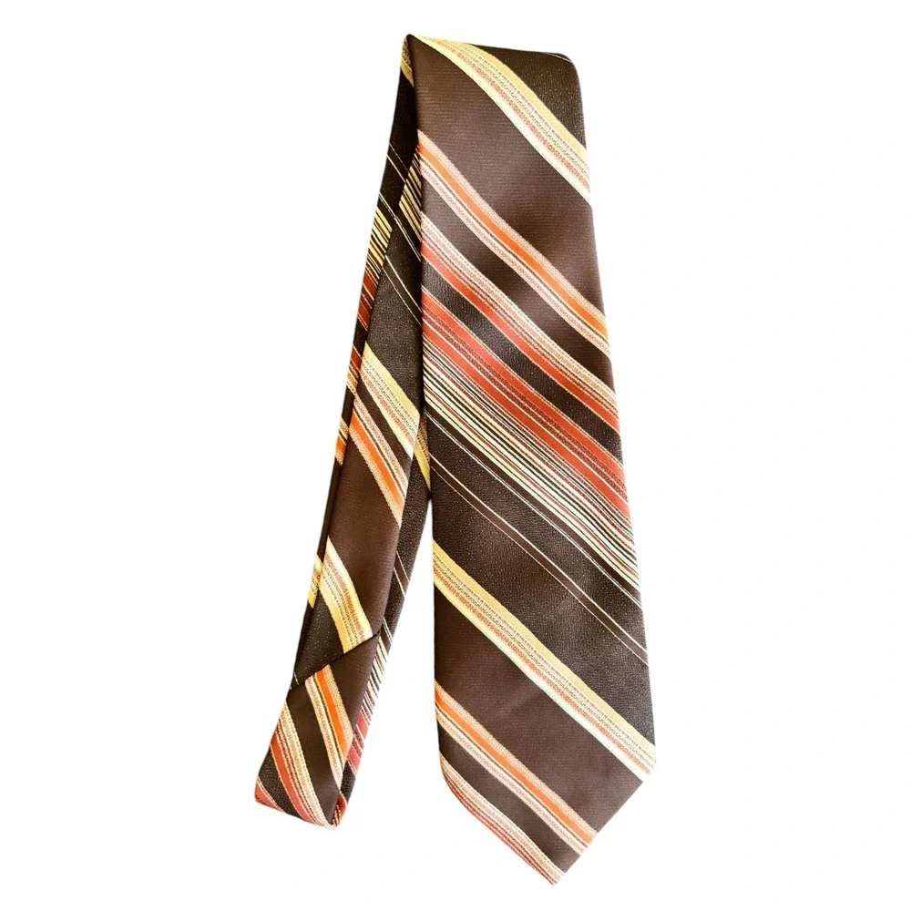 Vintage Wemlon By Wembley Brown‎ Orange Striped Polyester Necktie Retro 70s